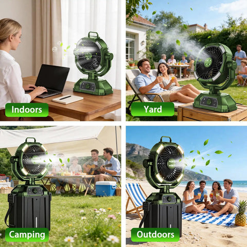 Portable Misting Fan With Four Mist Sprayers Rechargeable 9 Inch Oscillating Camp Fan USB Battery Power Bank 7L Water Bucket