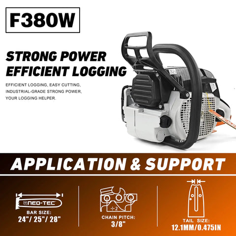 Beefy Pro Grade Gas Chainsaw With 28 Inch Bar 72cc 2 Cycle Power Head, side view showing F380W model for logging and cutting.