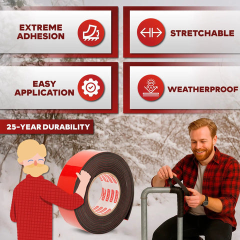 Illustration of Heavy Duty Foam Pipe Insulation Tape 2 Inch By 15 Feet With Extreme Adhesion features and usage demonstration