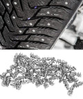 Close-up of 50 Pack Heavy Duty Tire Stud Screws Featuring Bulletproof Tungsten Steel and Badass Ice Traction installed in tire tread.