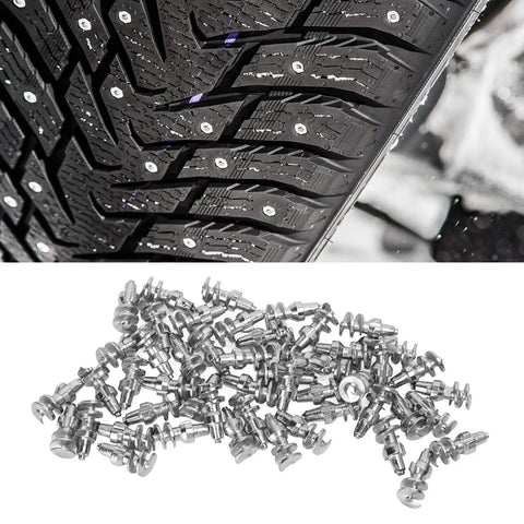 Close-up of 50 Pack Heavy Duty Tire Stud Screws Featuring Bulletproof Tungsten Steel and Badass Ice Traction installed in tire tread.