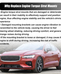 Red Volvo sedan with text explaining the benefits of replacing engine torque strut mounts for better ride quality and handling.
