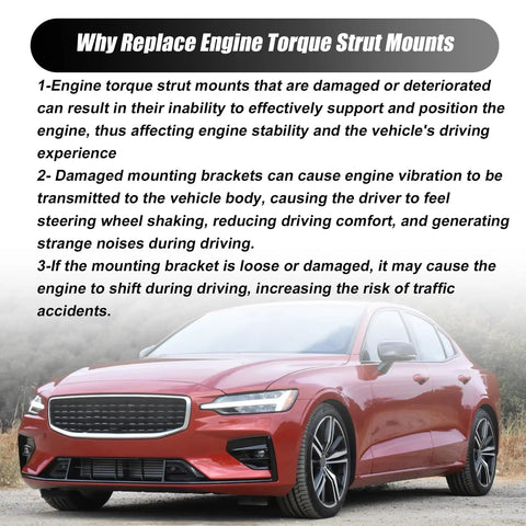 Red Volvo sedan with text explaining the benefits of replacing engine torque strut mounts for better ride quality and handling.