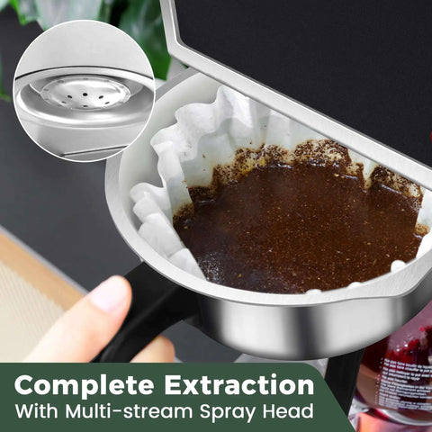 Close-up of coffee grounds in filter basket of 12 Cup Commercial Coffee Maker With Dual Warmers For Offices And Break Rooms