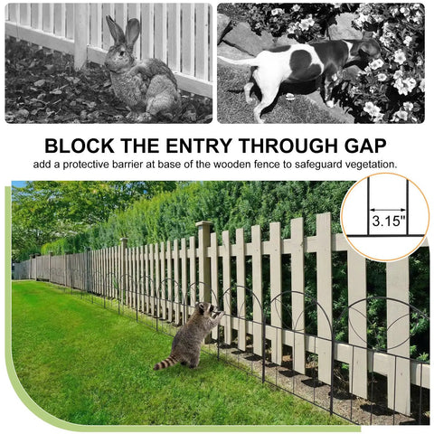 Arch Black No Dig Metal Garden Fence Panels, 6 Pack, Rustproof Border Fencing For Flower Beds, Rabbits And Dogs, 24 Inches High, Easy Setup, 6 Feet Long, Decorative Patio Yard Fence installed in a yard with rabbit and dog illustrations.
