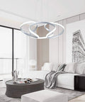 Modern LED Pendant Light With Irregular Ring Design, Contemporary Chandelier in silver finish, 6000K daylight over living room