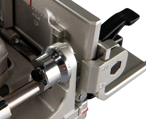 Killer 18V Cordless Biscuit Jointer precision depth adjustment knob and angle guide, ideal for woodworking projects.