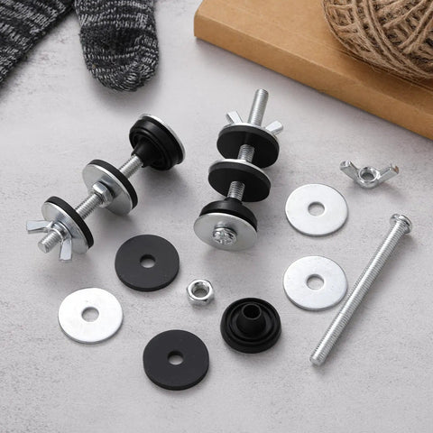 Heavy Duty Universal Toilet Tank To Bowl Bolt Kit 12 Piece Bulk Set with stainless steel screws, nuts, and rubber gaskets.