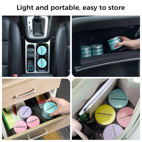 Two Pack Car Cleaning Gel Universal Dust Cleaner stored in car console, glovebox, drawer, and bag