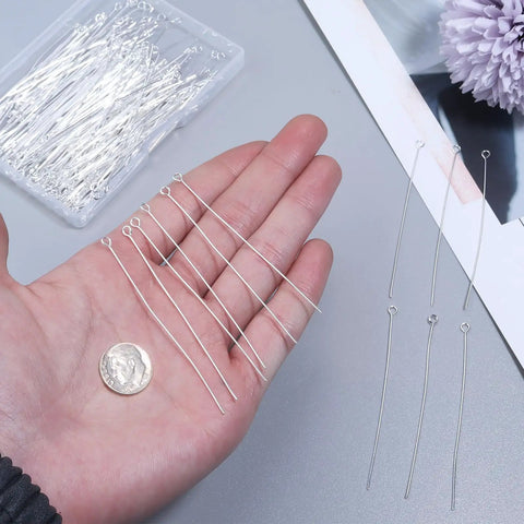 200 Pcs 70mm 21 Gauge Straight Eye Pins For Jewelry Making Silver Color Ball Head Pins For DIY Earrings Bracelets Necklaces Pendants Christmas Crafts, silver pins in hand