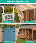 Four applications of Six Pack 2 Inch T Hinges For Doors And Gates In Outdoor Black Finish on fence, wood box, garden door, and hencoop.