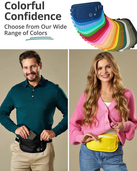 Models showcasing Ultra Slim RFID Money Belt With Hidden Passport Pocket For Travel, available in various colors, front view.