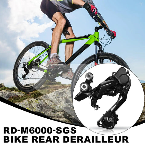 Biker on mountain trail with inset of 10 Speed Rear Derailleur Direct Mount With SGS Long Cage For Mountain Bikes RD M6000 SGS