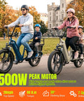 Family riding 1500W peak motor electric bikes with child seats, 20 inch fat tires, 48V battery, step through frame.