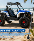 19.5 Inch ATV Gear Shifter Lever for Honda and Yamaha with mounting hardware shown next to a parked ATV on the beach