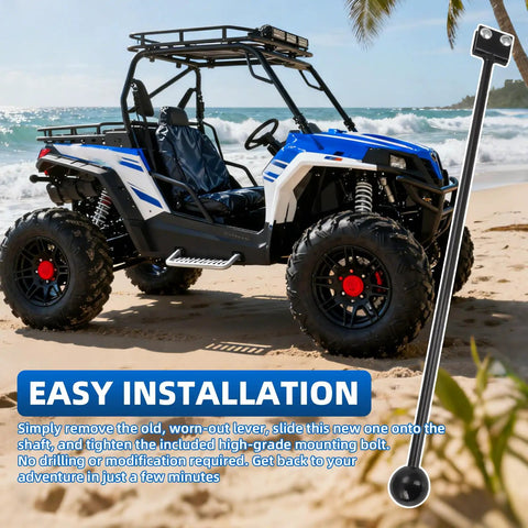 19.5 Inch ATV Gear Shifter Lever for Honda and Yamaha with mounting hardware shown next to a parked ATV on the beach