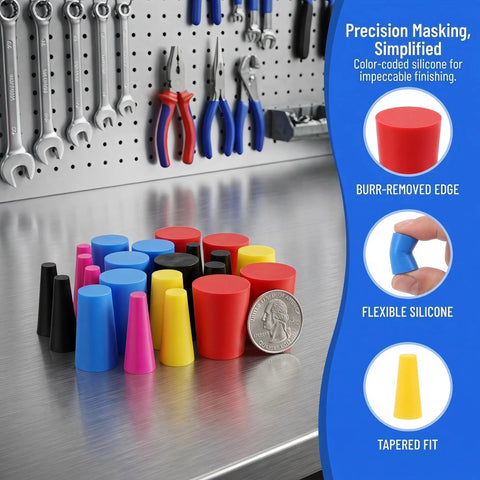 Top Tier Silicone Bottle Stoppers Assortment Kit With 250 High Temp Tapered Plugs For Powder Coating Painting Anodizing And Plating Jobs Ensures No Paint Mist Enters Holes Makes Site Organization A Breeze For Pros Who Need Durable Multi Color Caps, multicolor silicone tapered plugs on metal workbench