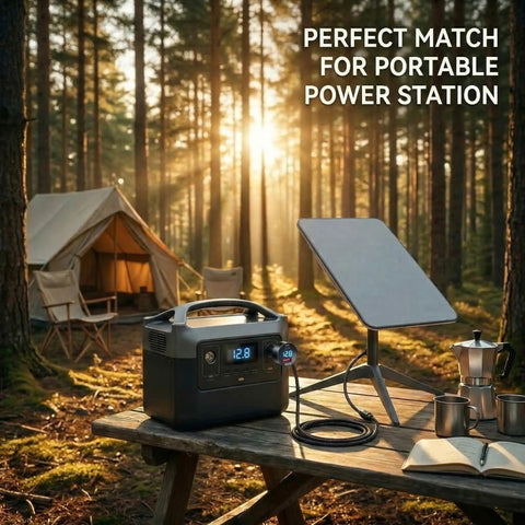 Road Ready Three In One Starlink Mini Car Charger Featuring Slick 36W PD And Quick Charge 18W Adapter on a camping table with a solar panel.