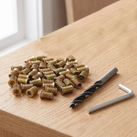 Pro Heavy Duty 4 To 20X15 Wood Threaded Inserts Kit With Metal Hex Drive Screw Nut Inserts For Rock Solid Fastening And Easy DIY Setup on wood board with drill bit and hex key