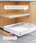 Four Pack White Pull Out Cabinet Organizers 21 Inch Deep Roll Out Shelves with dimensions for fit in cabinets.