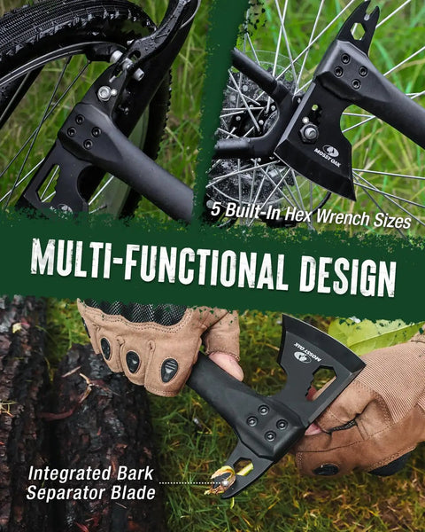 12 Inch Camping Axe And Survival Hatchet With Sheath For Rugged Outdoor Tasks Black Coated Blade with hex wrench use and bark separating.
