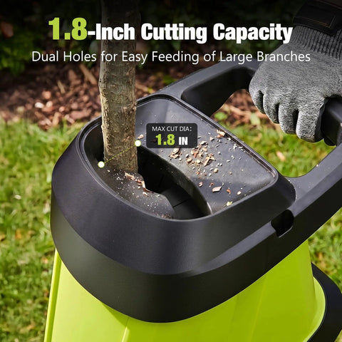 Close-up of Electric Wood Chipper And Shredder with 1.8 inch cutting capacity showing dual feed chutes.