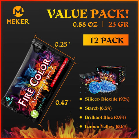 Color Changing Fire Packets For Fire Pit Bonfire And Camping Fun Indoor And Outdoor Flames Safe Self Contained Packets For Kids And Adults 12 Pack Great For Parties And Backyard Gatherings Lit Nights with product details and dimensions.