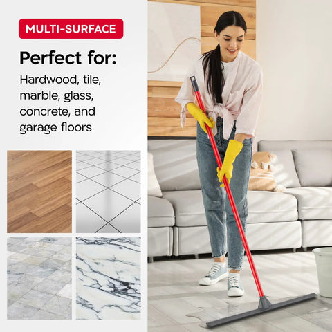 Heavy Duty 24 Inch Floor Squeegee For Concrete And Commercial Spaces Featuring An Effortless Grip Push And Pull Handle in use.