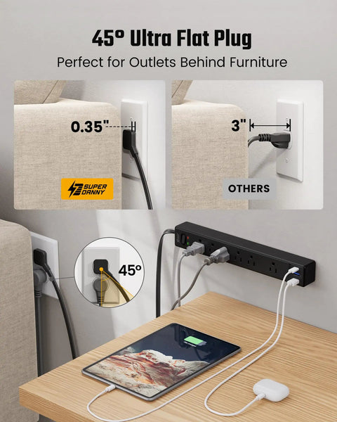 Must-Have Dope Fireproof Surge Protector Power Strip With Mountable Design 5 AC Outlets And 3 Smart USB Ports shown behind furniture