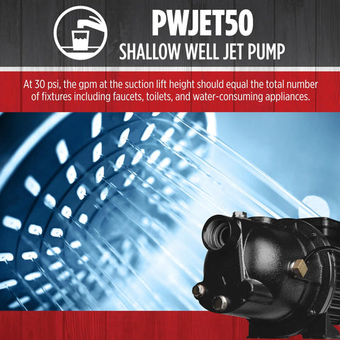 1/2 HP Shallow Well Jet Pump For Homes And Cottages, Delivers 7.4 GPM, Dual Voltage 115/230V, Cast Iron Casing, Model PWJET50 Black