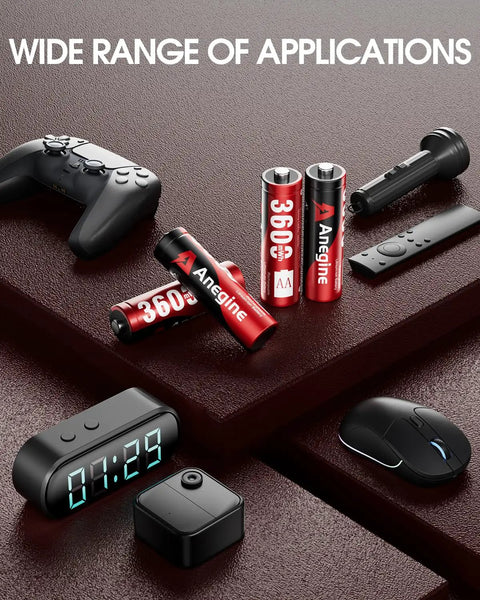 Various electronics powered by Rechargeable AA Lithium Batteries With 12 Slot Charger, 12 Pack 3600mWh Li Ion AAs, 2000+ Cycles, Red