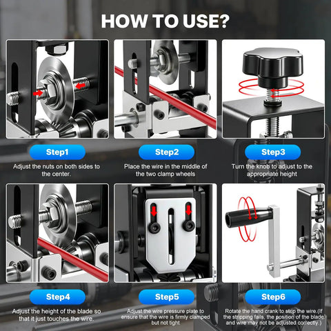 Explained usage steps for Dual Operation Wire Stripper Machine With Hand Crank And Drill Drive for Scrap Copper Cable Recycling.