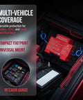 Compact Automatic Car Fire Extinguisher With Quick Aerosol Blast For Instant Emergency Road Safety and Slick Center Console Stash in vehicle electrical bay.