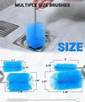 66 Inch Drain Cleaning Brush Set For Pipes And Sewers, Flexible Long Cleaner Tool With Dual Head Brushes, 5 Size Heads For Tight Corners, Heavy Duty Tube Cleaner Kit For Home, Kitchen, And DIY Plumbing, blue brush size chart