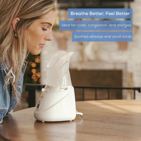 Woman using Steam Inhaler For Fast Drug Free Congestion Relief With Adjustable Steam Control, Universal Mask on wooden table