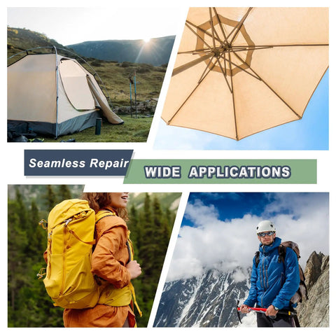 3 By 79 Inch Nylon Repair Patch Self Adhesive Fabric Tape shown repairing tent, umbrella, backpack, and outdoor gear