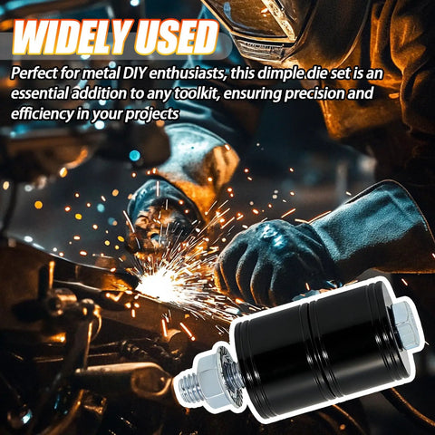 Pro Grade Quick Turn Dzus Fastener Dimple Die Tool For Metal Fabrication With Grade 8 Hex Head Bolt And Nut, Recessed Button Kit For Precise Dimple Size 0.750 By 0.200 Inch Black shown in a metal fabrication setting