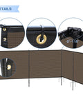 Details of 6x24 Foot Outdoor Privacy Fence Panel Kit Freestanding Backyard Privacy Screen, brown fabric with iron poles and rails.