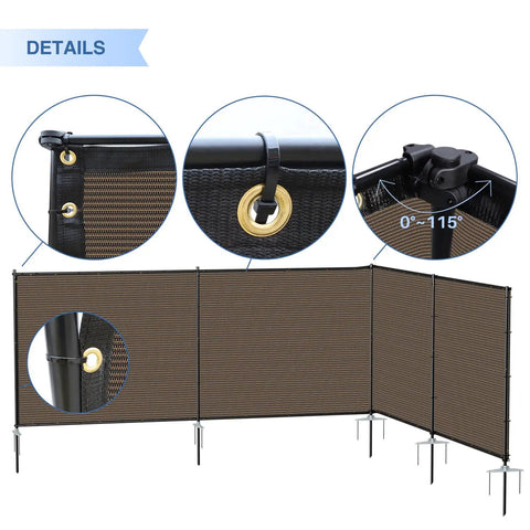 Details of 6x24 Foot Outdoor Privacy Fence Panel Kit Freestanding Backyard Privacy Screen, brown fabric with iron poles and rails.