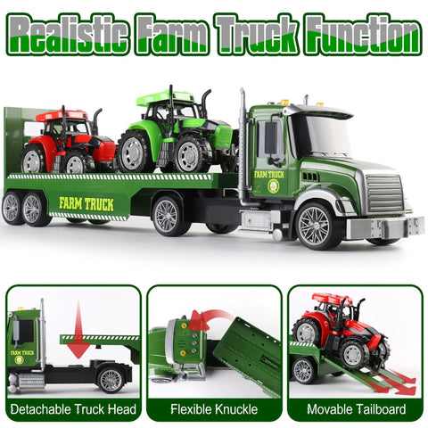 Massive 27 Inch Friction Powered Semi Truck Playset With Two Tractors Farm Vehicle Set loaded on detachable trailer