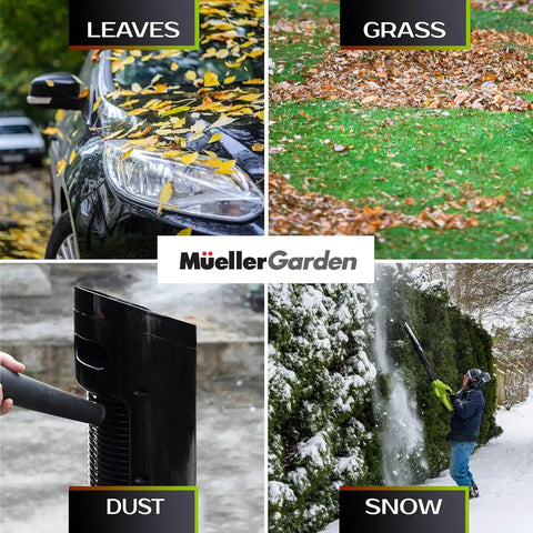 UltraStorm Cordless Leaf Blower With Dual 20V Batteries used for leaves, grass, dust, and snow cleanup in various outdoor settings.