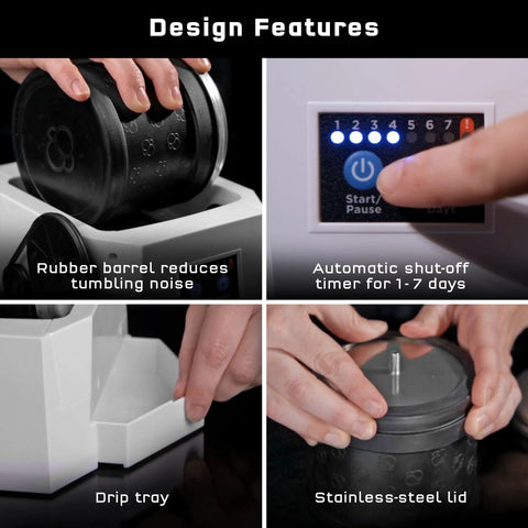 Features of Kids Rock Tumbler Kit With Built In Timer, Leak Proof Noise Reducing Barrel, Durable STEM Tool for kids.