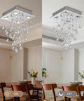 Dope Chrome Modern Crystal Raindrop Chandelier Flush Mount LED Ceiling Light Fixture Pendant Lamp in dining room day and night view