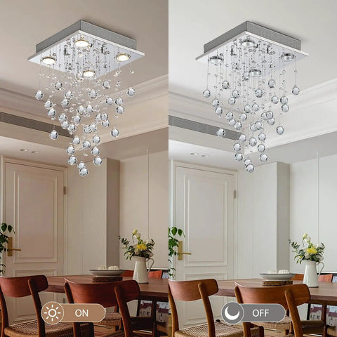 Dope Chrome Modern Crystal Raindrop Chandelier Flush Mount LED Ceiling Light Fixture Pendant Lamp in dining room day and night view