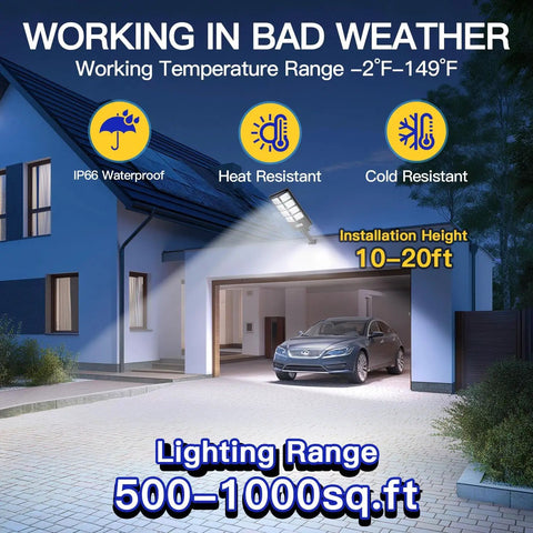 Beefy 800W Solar Street Light With 80000 Lumens illuminating a driveway, IP65 waterproof, mounted above garage, showing lighting range and features.
