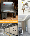 Collage showing workbench, lock with keys, industrial storage, and office cabinets; Stainless Steel Tool Box Lock Replacement Set With 180 Degree Rotation Universal Drawer Lock Kit With Keys Cylinder And Fastening Tabs Compatible With Truck Toolboxes Cabinets And Storage Cases 1 Pack