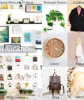 Collage showing applications of 136 Pcs Picture Hangers Kit With framed art, plants, clothes, clock, towel, bag, and mirror.