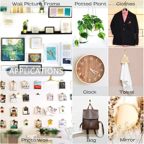 Collage showing applications of 136 Pcs Picture Hangers Kit With framed art, plants, clothes, clock, towel, bag, and mirror.