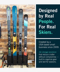 Telluride Freestanding Workhorse Ski Storage Rack For Garage Or Home with skis organized in a black floor holder.