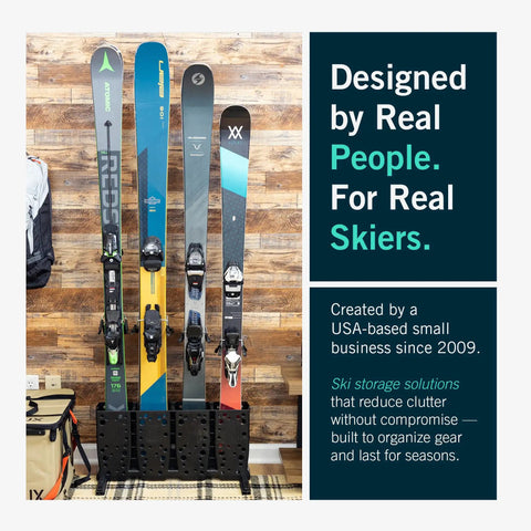 Telluride Freestanding Workhorse Ski Storage Rack For Garage Or Home with skis organized in a black floor holder.